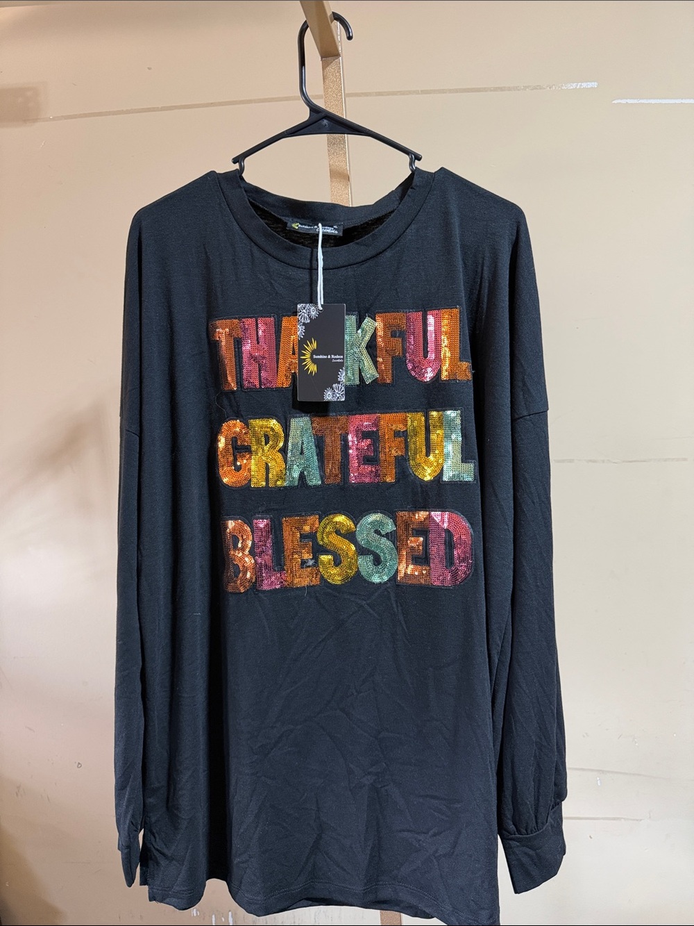 Black Long-Sleeve Tee with Multicolor Sequin Message